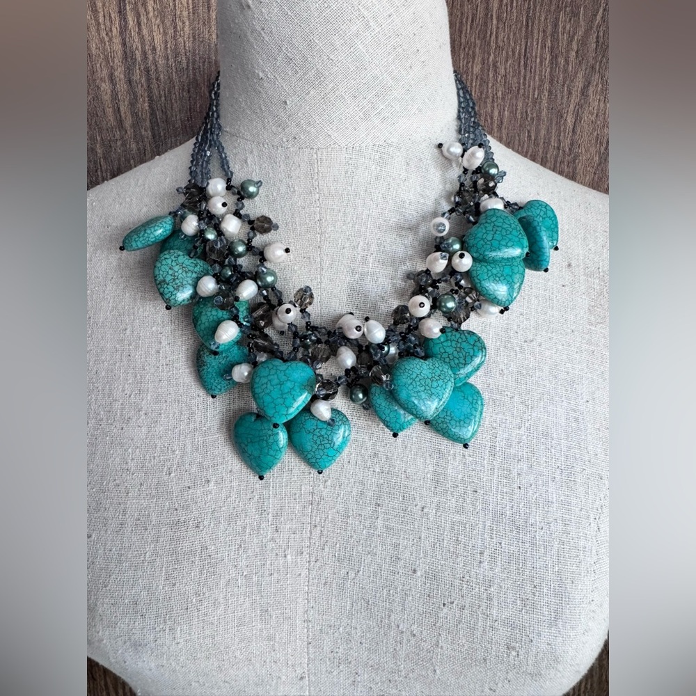 Freshwater Pearl & Faux Turqouise Hearts Glass Bead Chunky Bib Fringe Necklace